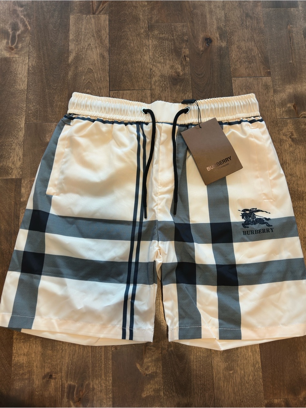 Burberry Men's White and Gray Plaid Swim Trunks